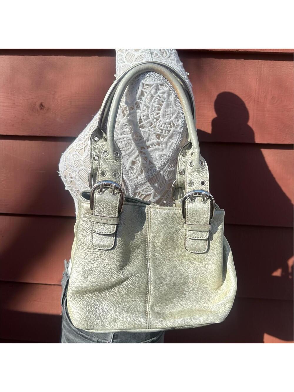 Tignanello Metallic Silver Pebble Leather Buckle Shoulder Bag
